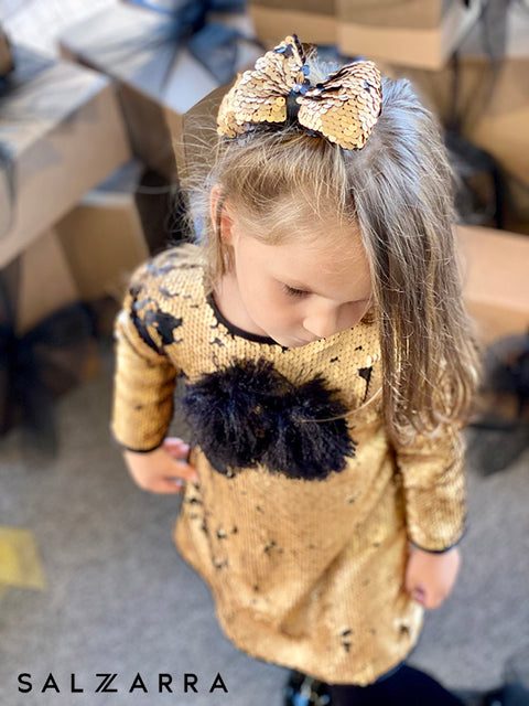 Starlight Charm Gold Sequin Dress with Fluffy Ribbon