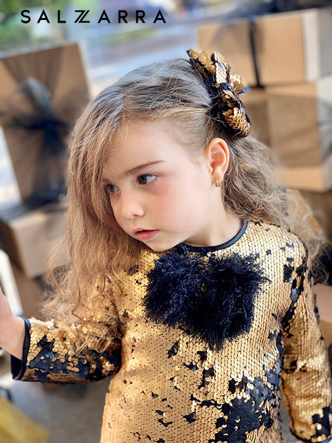 Starlight Charm Gold Sequin Dress with Fluffy Ribbon
