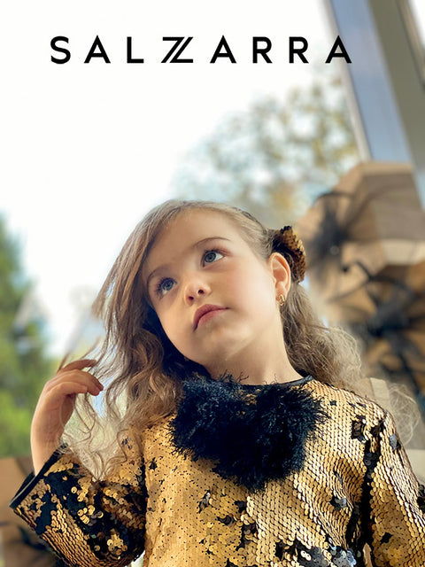 Starlight Charm Gold Sequin Dress with Fluffy Ribbon