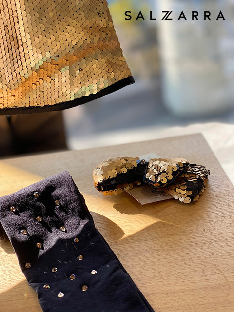 Starlight Charm Gold Sequin Dress with Fluffy Ribbon