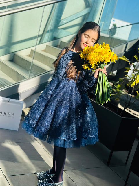 Blue Stardust Dress Рокля от дантела с пайети и тюл