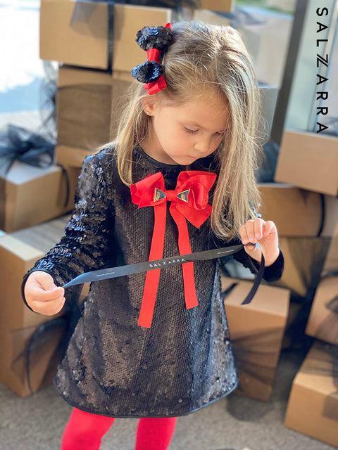 Starlight Charmy Sequin Dress with Red Ribbon
