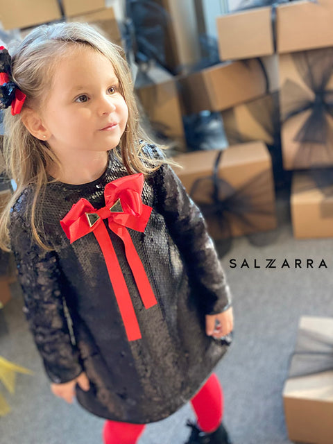 Starlight Charmy Sequin Dress with Red Ribbon