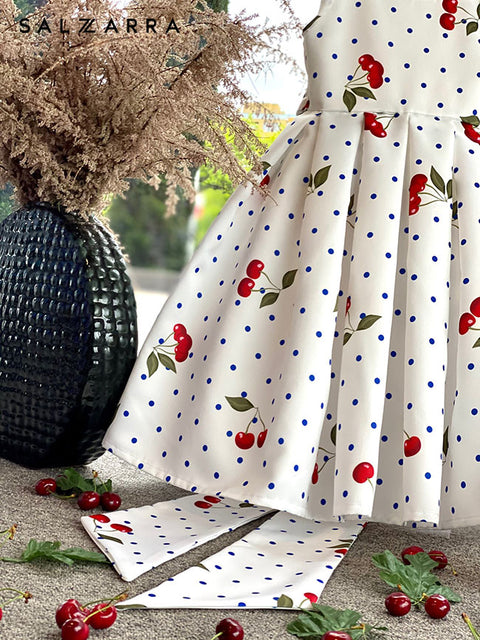 Blue Cherry Charm Детска рокля на сини точки и черешки