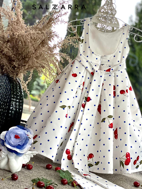 Blue Cherry Charm Детска рокля на сини точки и черешки