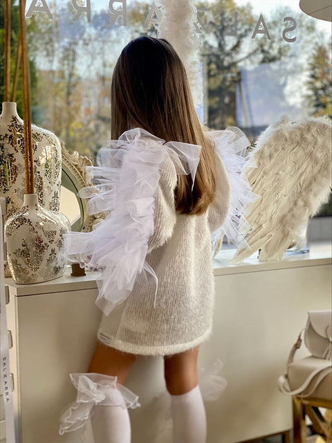 Lunelle Tunic Dress Made of Knit and Tulle in Ecru