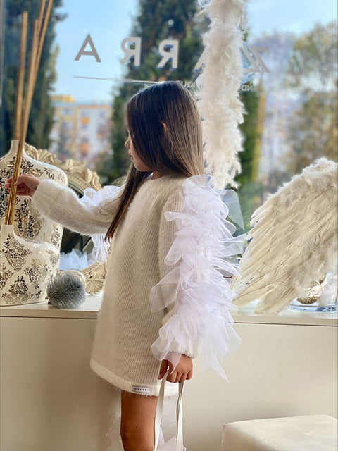 Lunelle Tunic Dress Made of Knit and Tulle in Ecru