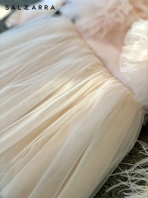 Blush Cloud Детска рокля от сатен и тюл с обемни ръкави