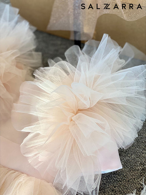 Blush Cloud Детска рокля от сатен и тюл с обемни ръкави