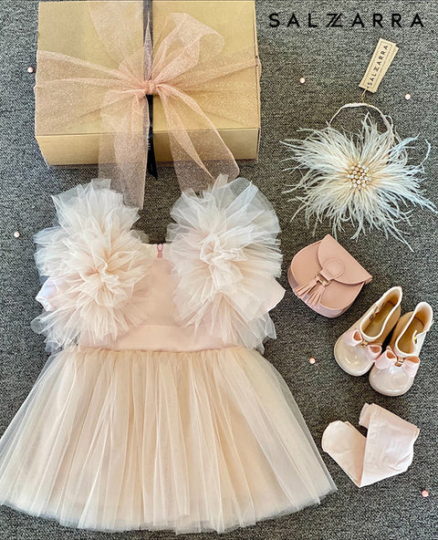 Blush Cloud Детска рокля от сатен и тюл с обемни ръкави