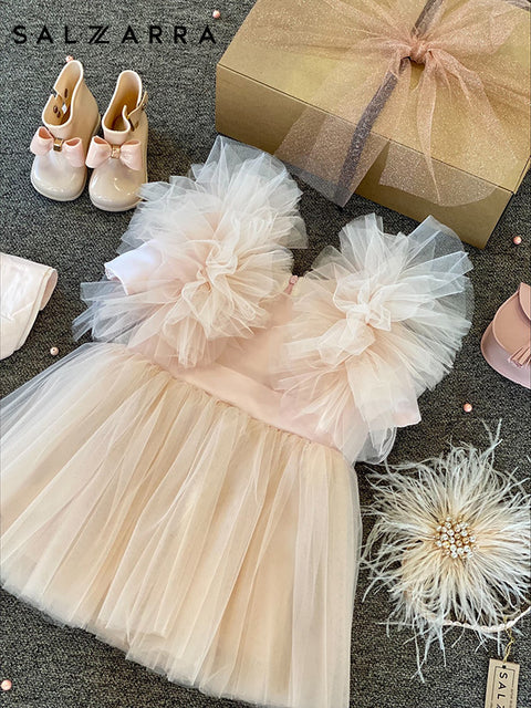 Blush Cloud Детска рокля от сатен и тюл с обемни ръкави