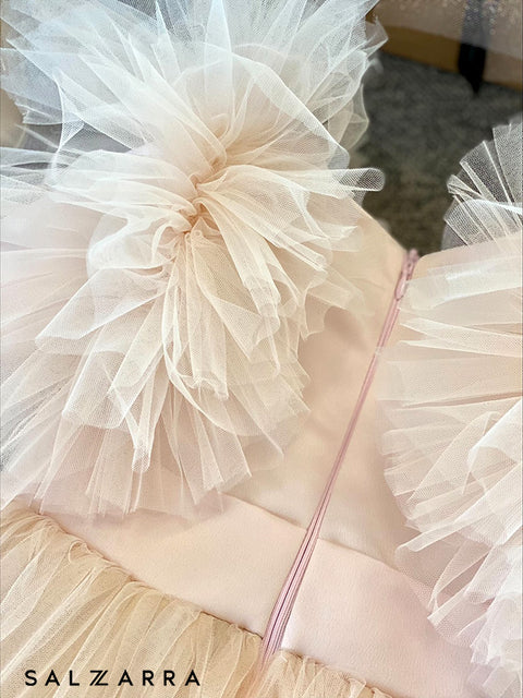 Blush Cloud Детска рокля от сатен и тюл с обемни ръкави