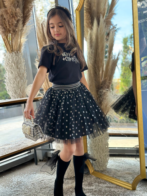 Dots Черна тюлена пола със сребристи точки