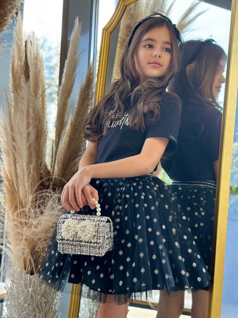 Dots Черна тюлена пола със сребристи точки