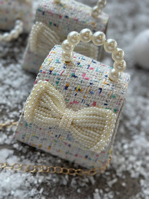 Baby Pearl Ecru Boucle Pearl Ribbon Bag