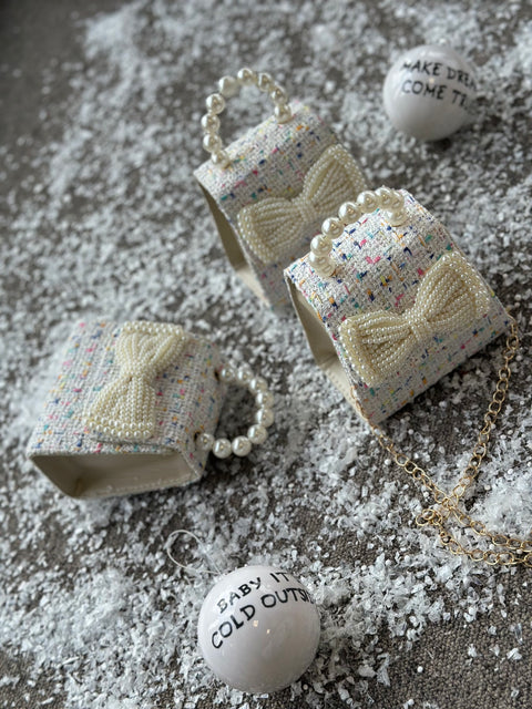 Baby Pearl Ecru Boucle Pearl Ribbon Bag