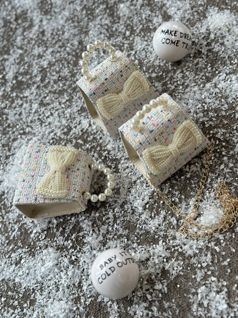 Baby Pearl Ecru Boucle Pearl Ribbon Bag