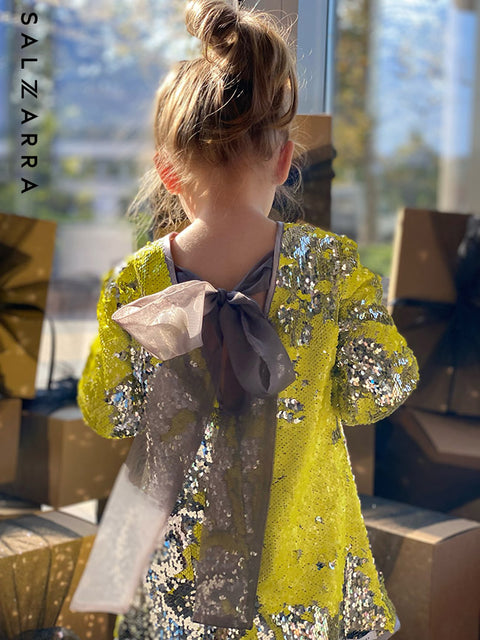 Golden Bow Sparkle Sequined Children's Dress