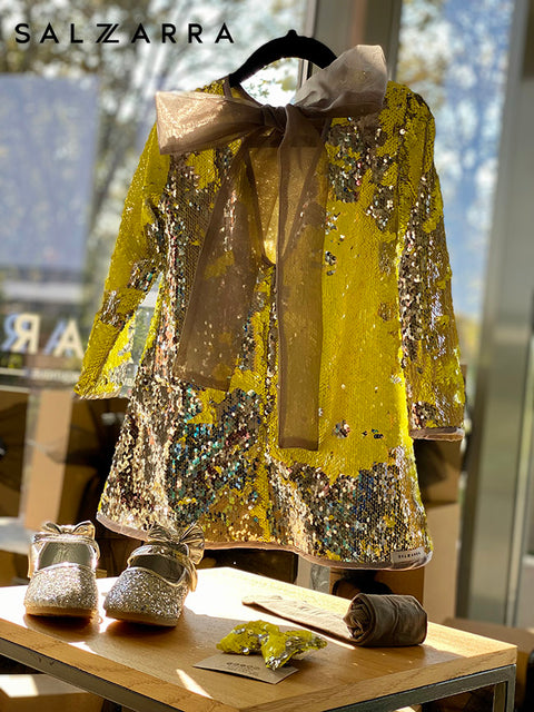Golden Bow Sparkle Sequined Children's Dress