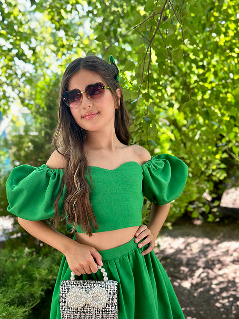 Verde Vita Зелен топ от лен с буфан ръкави