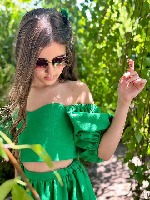 Verde Vita Зелен топ от лен с буфан ръкави