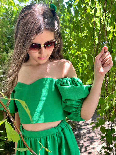 Verde Vita Зелен топ от лен с буфан ръкави
