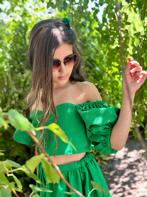 Verde Vita Зелен топ от лен с буфан ръкави