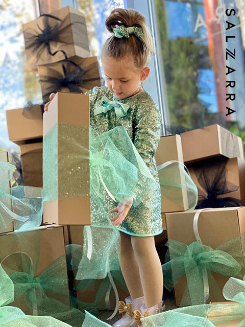 Frosted Glow Детска рокля зелени пайети