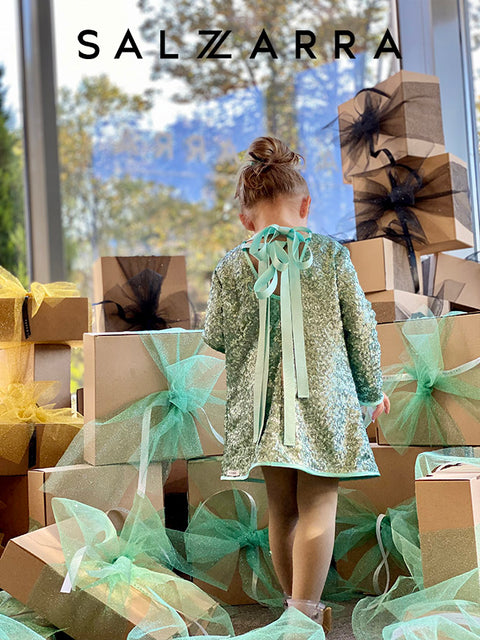 Frosted Glow Детска рокля зелени пайети