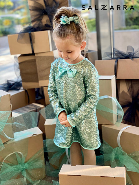 Frosted Glow Детска рокля зелени пайети