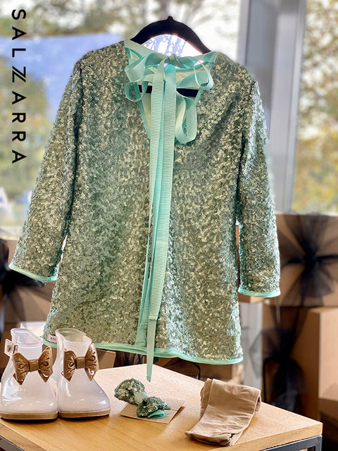 Frosted Glow Детска рокля зелени пайети