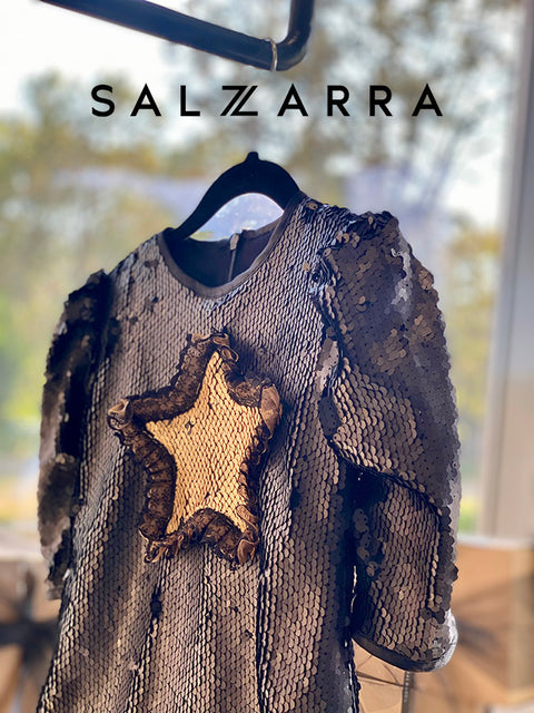 Starry Glow Black Sequin Dress with Gold Star