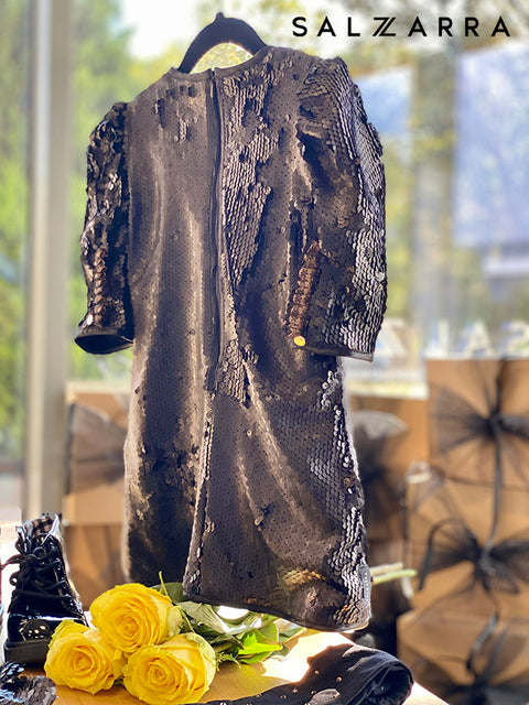 Starry Glow Black Sequin Dress with Gold Star