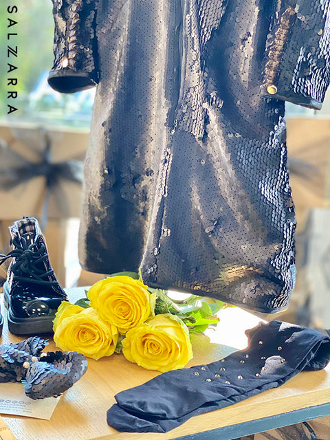 Starry Glow Black Sequin Dress with Gold Star