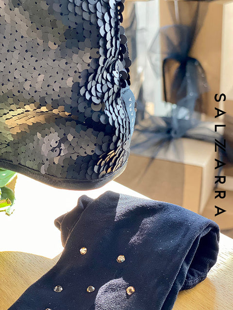 Starry Glow Black Sequin Dress with Gold Star