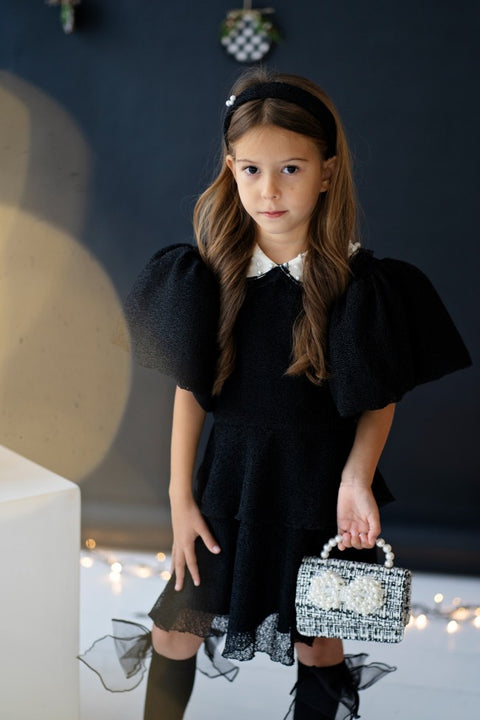 Noir Bijou Dress Детска черна Рокля с яка с перли