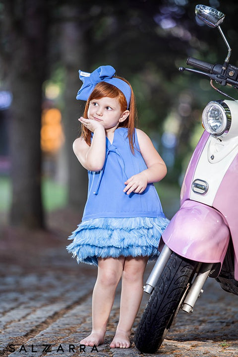 Velira Dress Детска синя рокля с пера