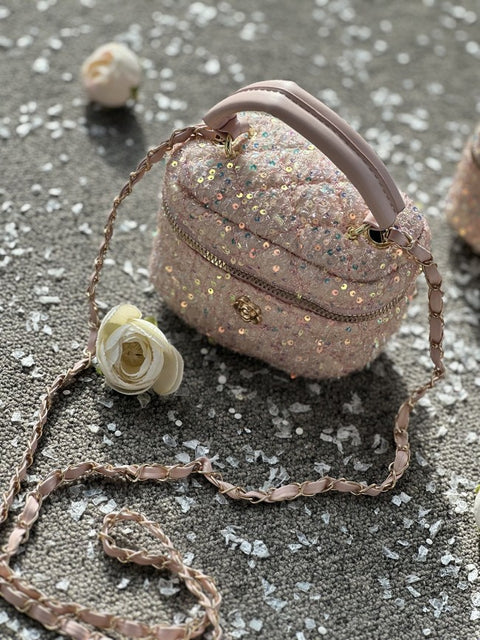 White & Pink Sparkle Bag Детска чанта с пайети и златни акценти