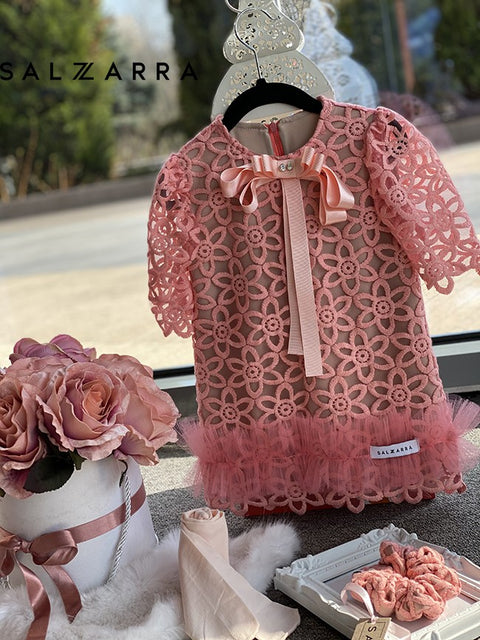 Coralia Bloom Dress Детска рокля от дантела в цвят корал