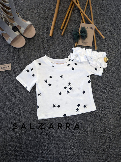 Starlight Ruffle Top Бял топ със звезди и къдра на рамото