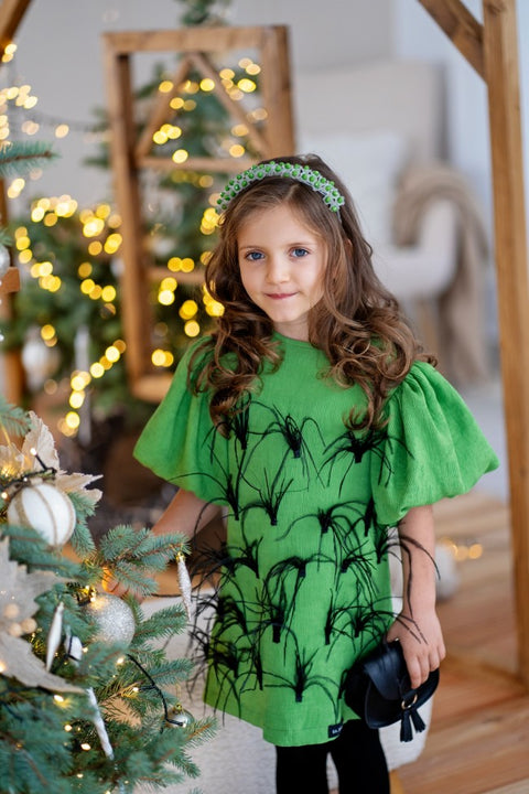 Emerald Plume Детска зелена рокля с пера