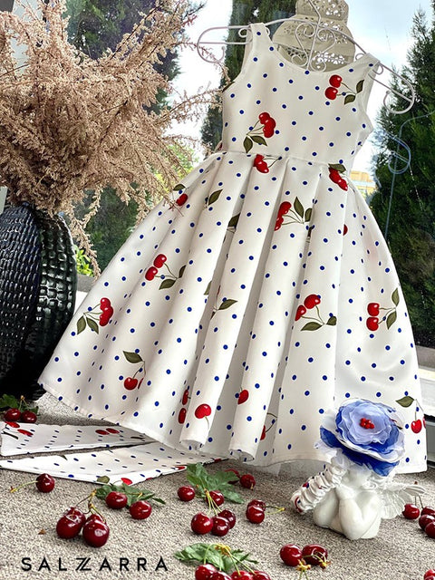 Blue Cherry Charm Детска рокля на сини точки и черешки
