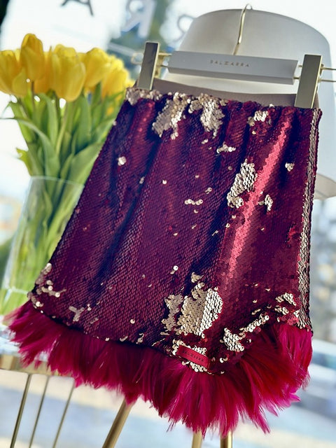Feathered Rouge Skirt Детска пола пайети и пера бордо