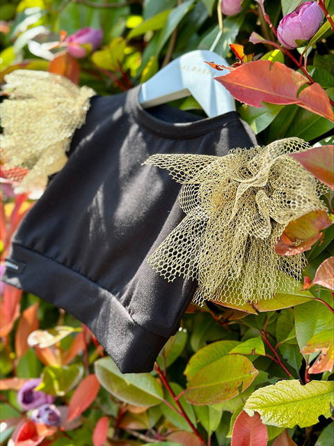 Black Crop Top with Golden Mesh Sleeves Топ златисти ръкави
